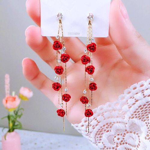 Boucles D'oreilles Goutte De Fleur De Rose Pour Femmes, Strass Brillant, Longue Gland Asymétrique, Bijoux De Fête De Mariage Pour Filles, 2022
