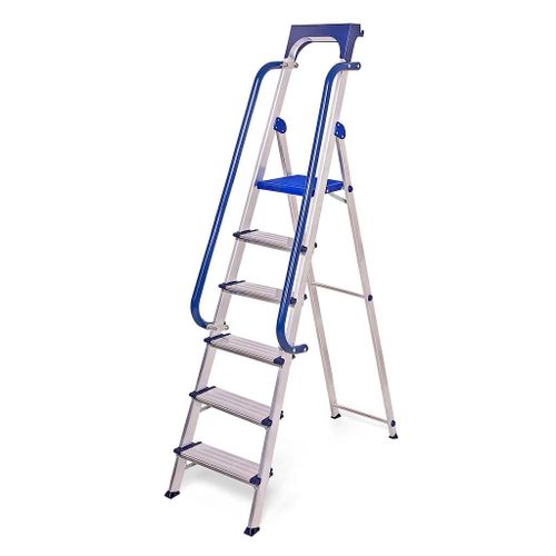 Escabeau Secure 6 marches robuste en aluminium renforc?, avec rampes de s?curit? et tablette porte-outils amovible, hauteur de plateforme 135cm, charge maximale 150kg Hostr?m