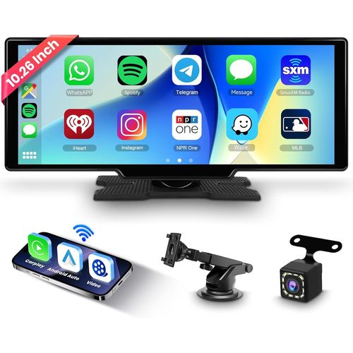 2025 sans Fil Carplay cran Android Auto, 10,26 Pouces Autoradio Portable Bluetooth avec avec IPS Ecran Tactile/Youtube/Airplay/Commande Vocale/AUX/TF/OTA/Transmetteur FM+Camra de Recul.[F626]