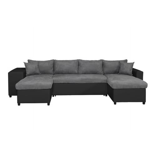 Canapé D'angle Panoramique Oslo Convertible Avec Coffres Et Poufs En Simili Et Microfibre - Gris / Noir, Position Du Rangement Poufs - Gauche