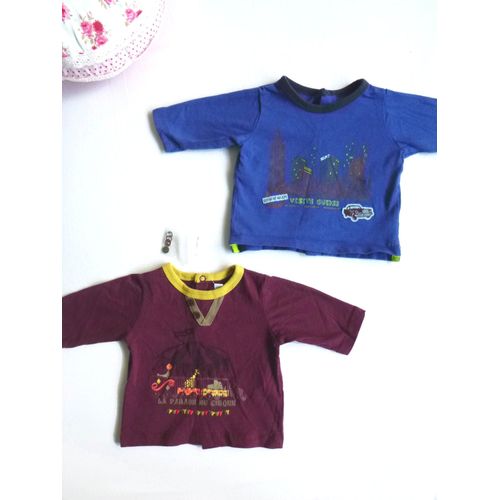 Lot 2 T-Shirts Sergent Major Bébé 0-1 Mois Coton Prune Bleu Manches Longues Neufs