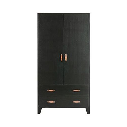 Armoire 2 Portes 4 Tiroirs 94x40x180 Cm En Pin Noir - Keoni