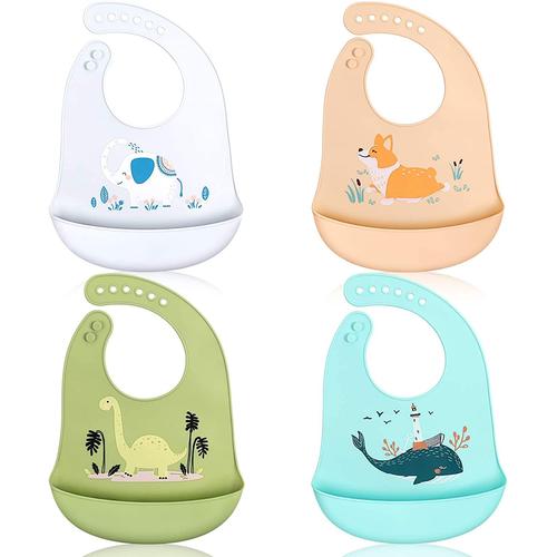 Lot De 4 Bavoir En Silicone Bavoir D'alimentation Étanche Avec Ramasse-Miettes Facilement Lavable Super Doux Réutilisable Bavoir