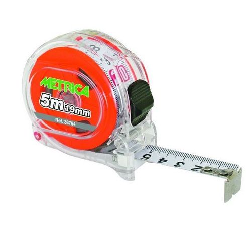Mètre à  ruban boîtier transparent double graduation rouge 5 m x 19 mm 38764 Metrica