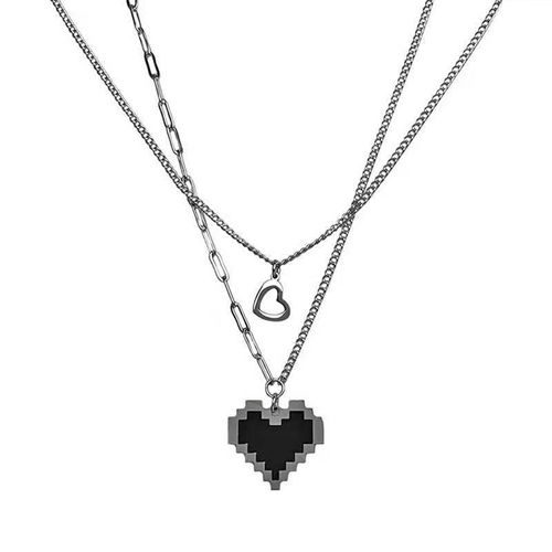 Collier Chaîne En Forme De C¿Ur Pour Femmes, Pendentif Long, En Métal, Couleur Argent, Noir, Pixel, Géométrique, Carré Irrégulier, Doux, Ajouré, Cadeaux Pour Femmes