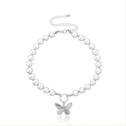 Collier Chaîne De Perles Antique Avec Pendentif Papillon, Bijoux De Cou Argenté Pour Femmes, Idées De Cadeaux De Fête