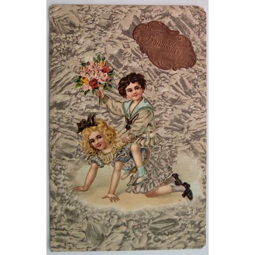 Carte Postale Ancienne, France, Voeux, Enfants Qui Jouent, Bouquet Le Fleurs