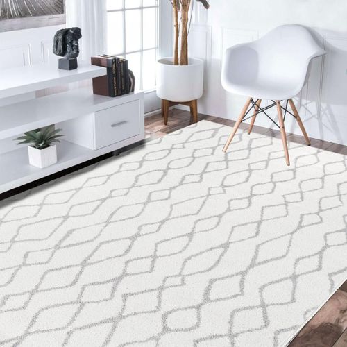Tapis Chambre 160x235 Tissé Blanc Et Gris Rectangle Motif Géométrique Spata