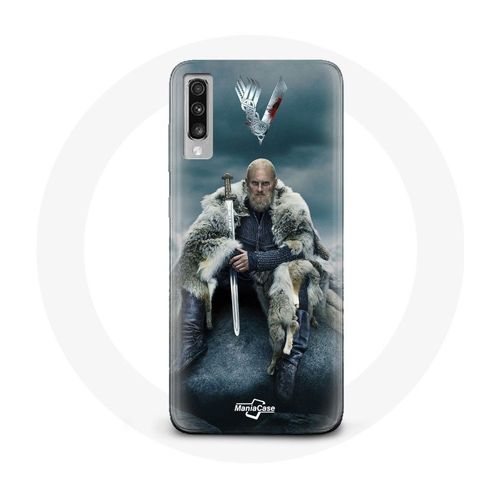 Coque Pour Samsung Galaxy A50 Vikings Série Saison 6 Ragnar Lothbrok Logo V Epée Gris Fond Brouillard
