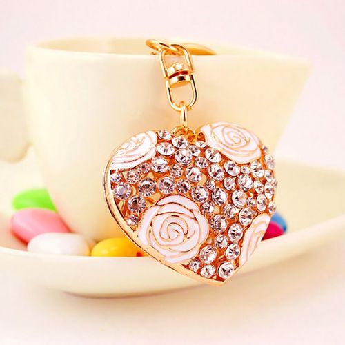 Porte-clés en forme de c¿ur creux pour femmes, avec strass brillant, émail, métal, fleur, pendentif, pour sac à main, nouvelle mode