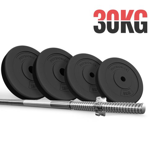 Physionics® Barre D'haltère Longue Avec Disques De Poids - Barre (120cm, Fermoirs, Max. 500kg) Avec Disques 30 Kg, Ø 30 Mm - Fitness