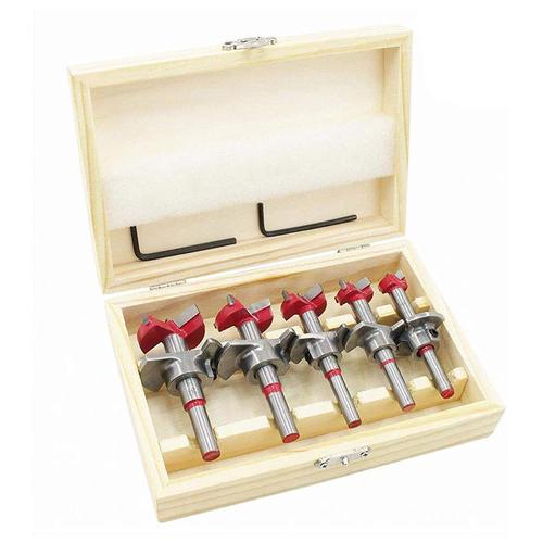 Mèches Bois, Coffret de 5 (Ø15-35 mm) Fraise Bois Façonner Jeu de Forets à Positionnement Ajustable, Scie Trépan au Carbure Cémenté avec Butée de Profondeur (Plage de Profondeur 10-40 mm)