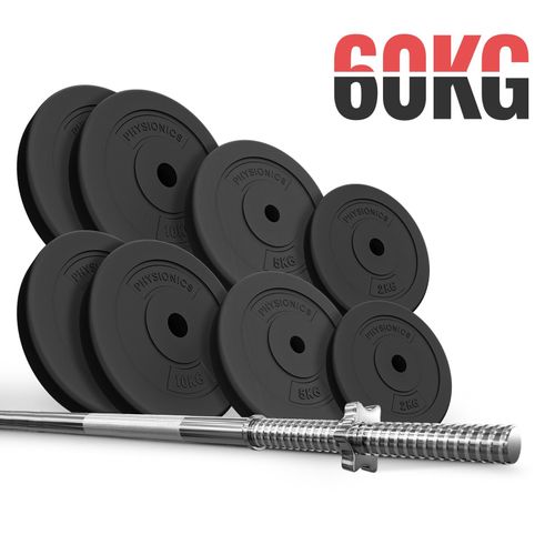 Physionics® Barre D'haltère Longue Avec Disques De Poids - Barre (165cm, Fermoirs, Max. 500kg) Avec Disques 60 Kg, Ø 30 Mm - Fitness