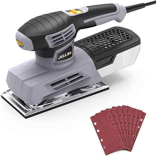 JELLAS Ponceuse Vibrante 1/3 Feuille, Ponceuse à 6 Vitesses Variables 12000RPM avec Boîte de Collecte de Poussière, Base de Ponçage 90 * 187mm, 12 Feuilles de Ponçage, Mécanisme de Serrage du Papier