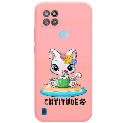 Coque Rose Realme C21y C25y Chat Catitude Plage
