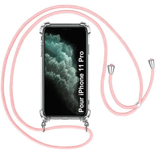 Coque Bandoulere Pour Iphone 11 Pro (5.8'') Protection Renforce Coins Coin Renforce Souple + Bandoulere Rose