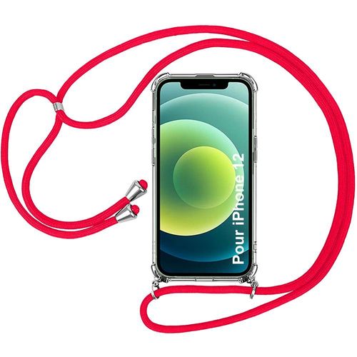 Coque Bandouliere Pour Iphone 12 (6.1'') Fine Souple Coin Renforce + Bandouliere Rouge