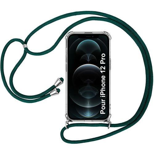 Coque Tour De Cou Pour Iphone 12 Pro (6.1'') Fine Tpu Antichoc Inclu Tour De Cou Vert Nuit