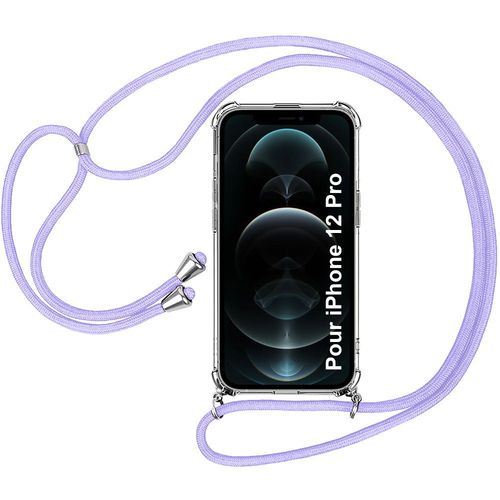Coque Cordon Pour Iphone 12 Pro (6.1'') Antichoc Coin Renforce Souple Avec Cordon Violet