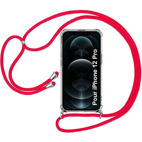 Coque Chaîne De Portable Pour Iphone 12 Pro (6.1'') Antichoc Protection Renforce Coins Transparente Inclu Chaîne Rouge