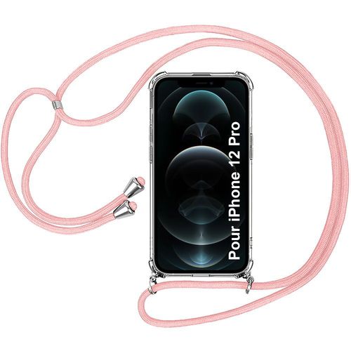 Coque Collier Cordon Pour Iphone 12 Pro (6.1'') Coin Renforce Souple Anti-Rayure Avec Collier Cordon Rose
