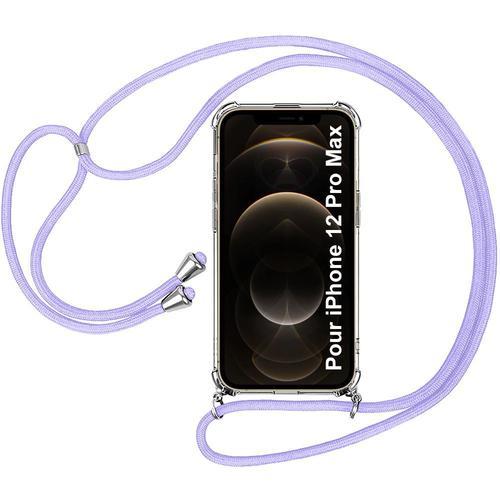 Coque Tour De Cou Pour Iphone 12 Pro Max (6.7'') Coin Renforce Anti-Rayure Transparente Inclu Cordon Violet
