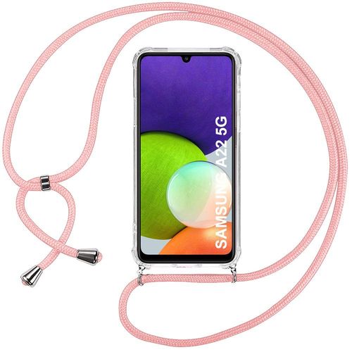 Coque Bandoulere Pour Samsung A22 5g (6.6'') Coin Renforce Anti-Rayure Souple + Bandoulere Rose