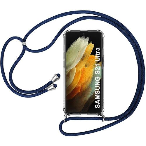 Coque Bandouliere Pour Samsung S21 Ultra (6.8'') Souple Anti-Rayure Transparente + Bandouliere Bleu Marine