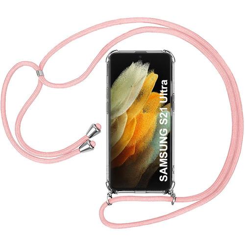 Coque Chaîne De Portable Pour Samsung S21 Ultra (6.8'') Antichoc Protection Renforce Coins Transparente Inclu Chaîne Rose