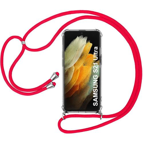 Coque Bandoulere Pour Samsung S21 Ultra Protection Souple + Bandoulere Rouge