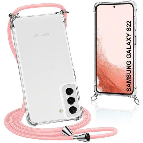 Coque Bandoulere Pour Samsung S22 (6.1'') Transparente Coin Renforce Fine + Bandoulere Rose