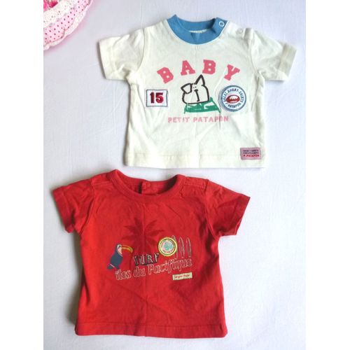 Lot 2 T-Shirts Sergent Major & Petit Patapon Bébé 0-1 Mois Coton Rouge Perroquet Îles Du Pacifique Crème Chien Neufs