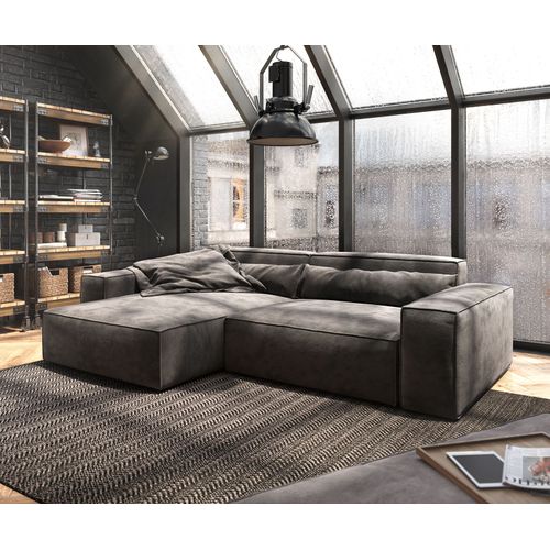 Canapé-D'angle Sirpio Xl Microfibre Marron Kaki 270x175 Cm Recamière Modulable Avec Pouf