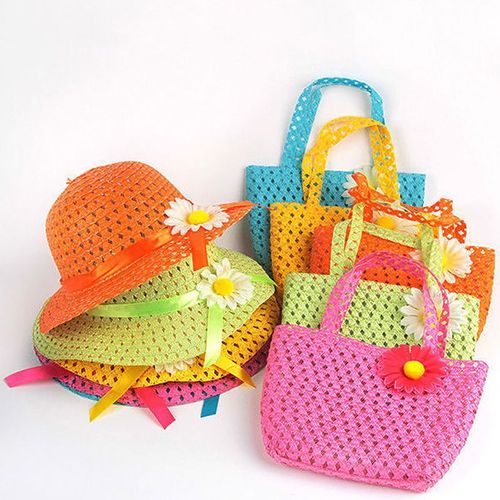 Chapeau de paille multicolore pour filles, chapeau de soleil d'été, casquette de plage, sac à fleurs, fourre-tout, sac à main, costume tout neuf