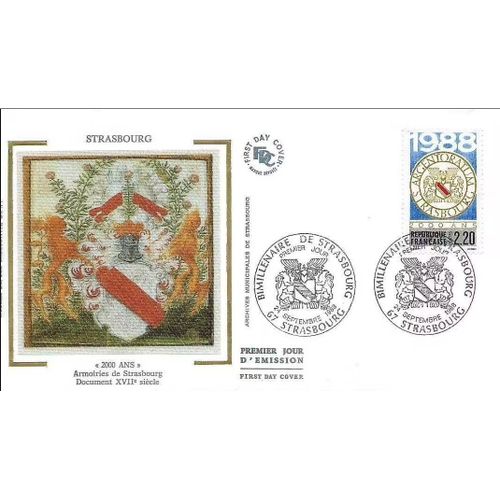 France 1988, Tres Belle Enveloppe 1er Jour, Timbre 2552, Argentoratum, Bi-Millenaire De Strasbourg, Belle Illustration Soie : Armoiries De Strasbourg, Etat Neuf. - -