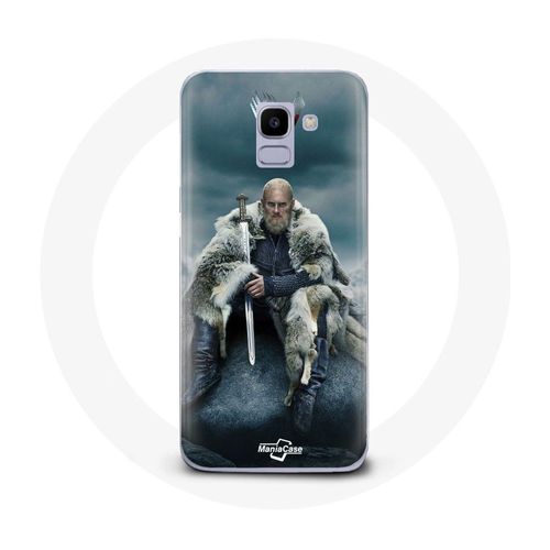 Coque Pour Samsung Galaxy A8 2018 Vikings Série Saison 6 Ragnar Lothbrok Logo V Epée Gris Fond Brouillard