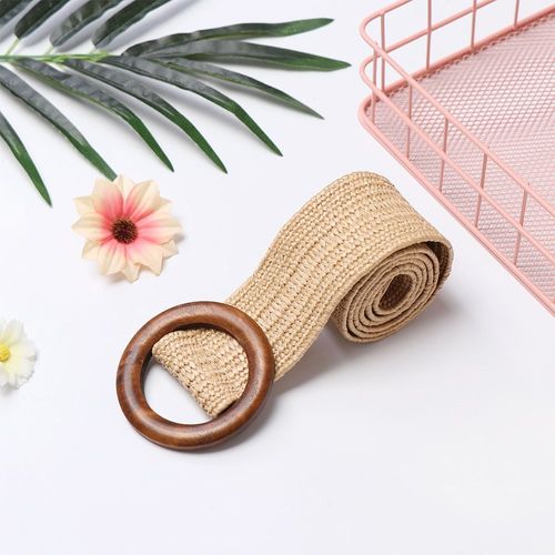 Ceinture En Paille Pp Pour Femmes,Large,Ronde,Décontractée,Boucle En Bois,Mode,Élastique,Chaîne De Taille,Robe,Chemise,Bijoux Pour Le Corps,Collier