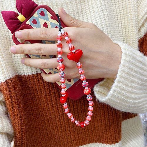 Chaîne De Téléphone Perlée À Rayures Rouges Pour Femmes, 1 Pièce, Cadeau De Nouvel An, Lanière De Téléphone Transparente, C¿Ur Rouge, Accessoires, Bijoux, Cadeaux, 2022