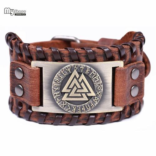 Bracelet en cuir pour hommes, amulette, style scandinave, Viking, nordique, Valknut, avec gravure en métal