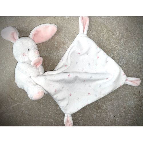 Doudou Lapin C&a Blanc Mouchoir Étoiles Grises Roses Peluche Jouet Bebe 