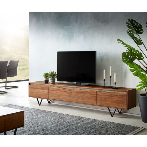 Meuble-Tv Stonegrace Acacia Marron Bord D'arbre 220 Cm 4 Portes Pied En V Noir Lowboard