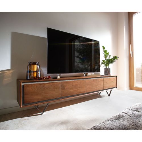 Meuble-Tv Stonegrace Acacia Marron Plaqu? Pierre 200 Cm 4 Portes Pied En V Noir Buffet