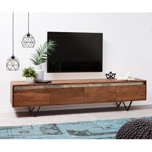 Meuble-Tv Stonegrace Acacia Marron Ardoise 200 Cm 4 Tiroirs Pied En V Noir Lowboard