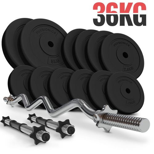 Physionics® Barres Avec Disques De Poids (36 Kg) - Curl Barre Ez (120 Cm / Ø 30 Mm), 2 Barres D'haltères Et Disques (Ø 31 Mm) - Gym