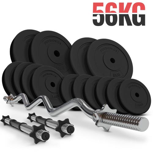 Physionics® Barres Avec Disques De Poids (56 Kg) - Curl Barre Ez (120 Cm / Ø 30 Mm), 2 Barres D'haltères Et Disques (Ø 31 Mm) - Gym