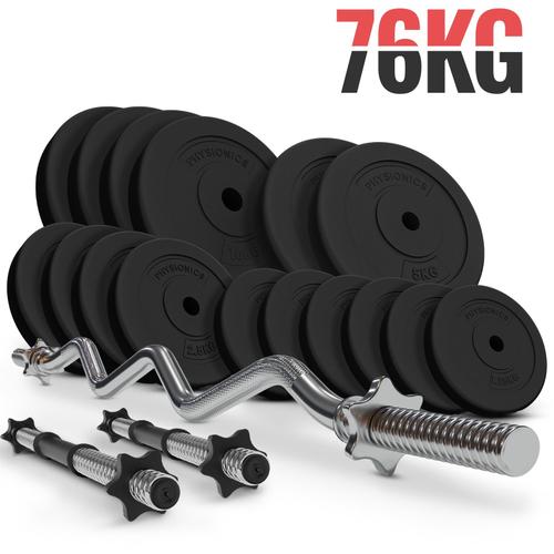 Physionics® Barres Avec Disques De Poids (76 Kg) - Curl Barre Ez (120 Cm / Ø 30 Mm), 2 Barres D'haltères Et Disques (Ø 31 Mm) - Gym