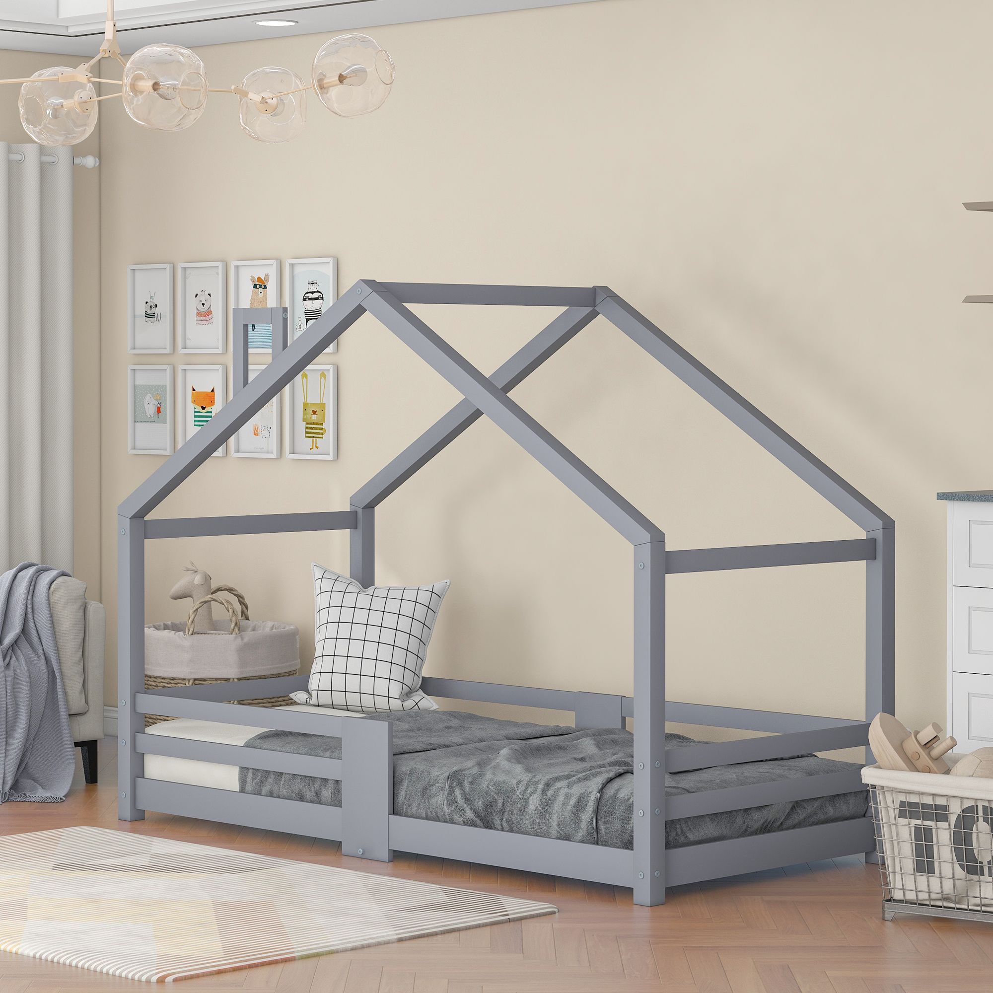 Lit Bebe Avec Cheminee Protection Contre Les Chutes Cadres A Lattes Robustes Pine Wood House Lit Pour Enfants 90 X 0 Cm Sans Matelas Gris Rakuten