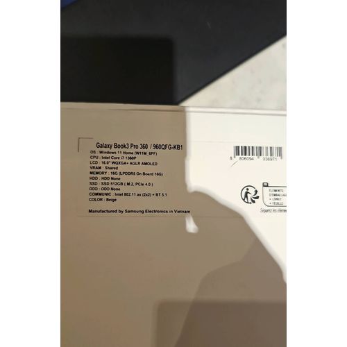 Samsung Galaxy Book 3 pro 360 16" Intel Core i7 - Ram 16 Go - DD 512 Go amoled couleur beige clavier azerty