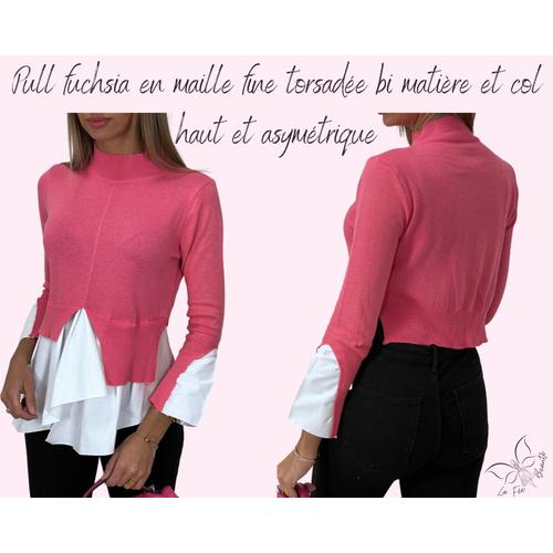 Pull Fuchsia En Maille Fine Torsad?E Bi Mati?Re Et Col Haut Et Asym?Trique