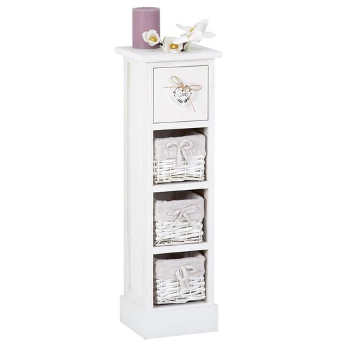 Chiffonnier Flower Petit Meuble Avec 1 Tiroir Et 3 Paniers Étagère En Bois De Paulownia Blanc Style Shabby Chic